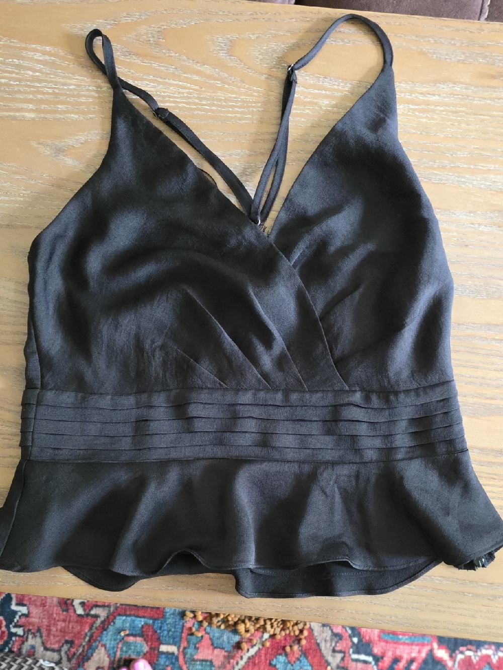 Astr Black V-Neck Peplum Cami with Pleated Waist